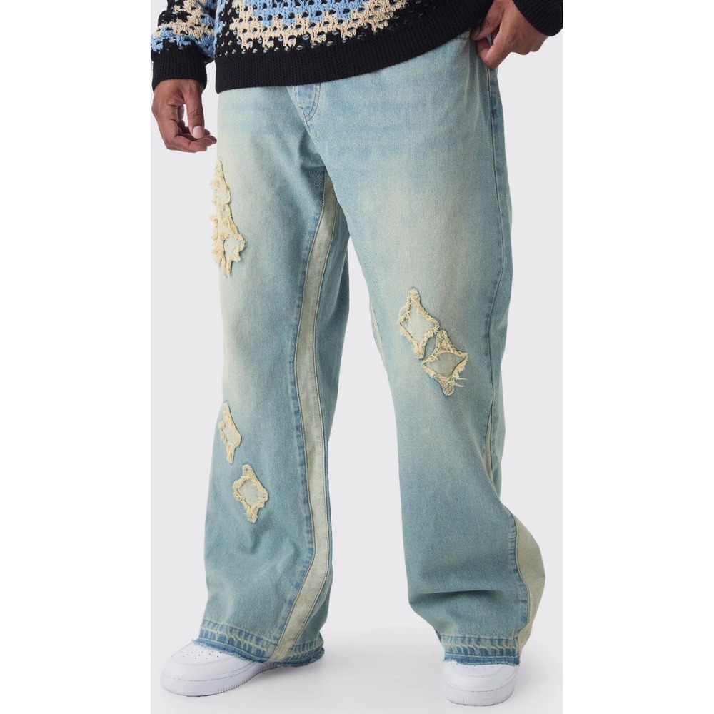 boohooMAN Tall Slim Flare Gusset Panel Jeans Mens 40 Antique Blue Grunge Y2K